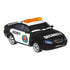 Disney Pixar Cars diecast security car shown at an angled view, finished in black and white metal with smooth gloss texture, amber roof light bar, silver wheels, and Piston Cup door badge, representing Marlon “Clutches” McKay on a white backdrop.
