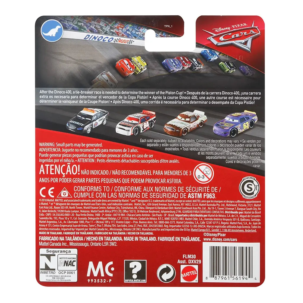 Disney Pixar Cars product packaging back in red cardboard with glossy print, showing multiple Piston Cup racers, safety warnings, and multilingual text, presenting the Marlon “Clutches” McKay security car as part of the Dinoco 400 themed diecast lineup.