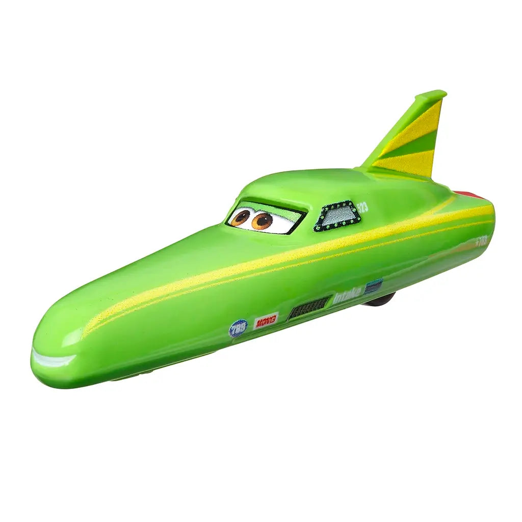 Close-up of Disney Pixar Cars Nile Speedcone diecast car in metallic green with expressive eyes, yellow stripe, and fin design, displayed at angled view.