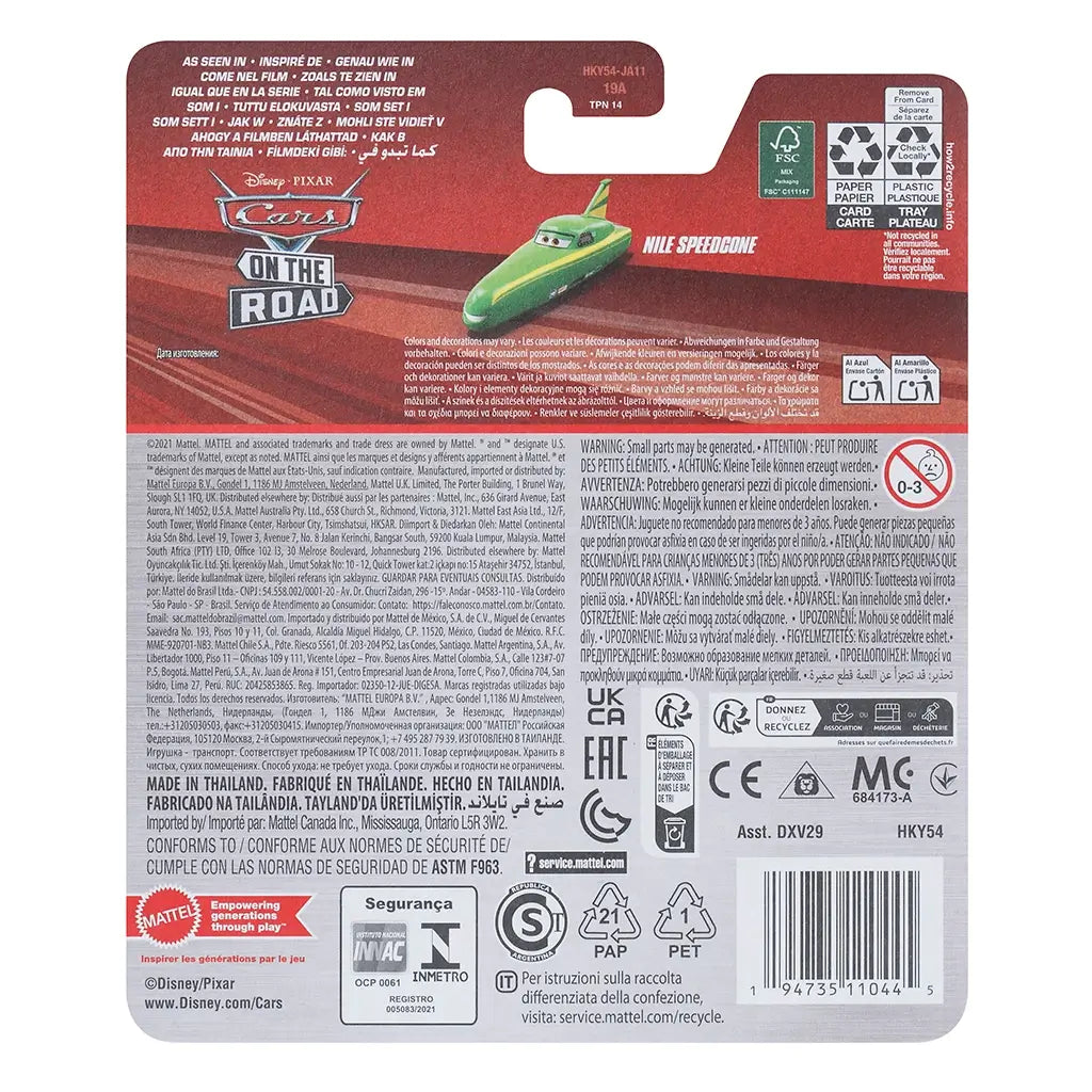 Back of Disney Pixar Cars Nile Speedcone toy package showing product details, safety warnings, recycling info, and character image with Cars On the Road branding.
