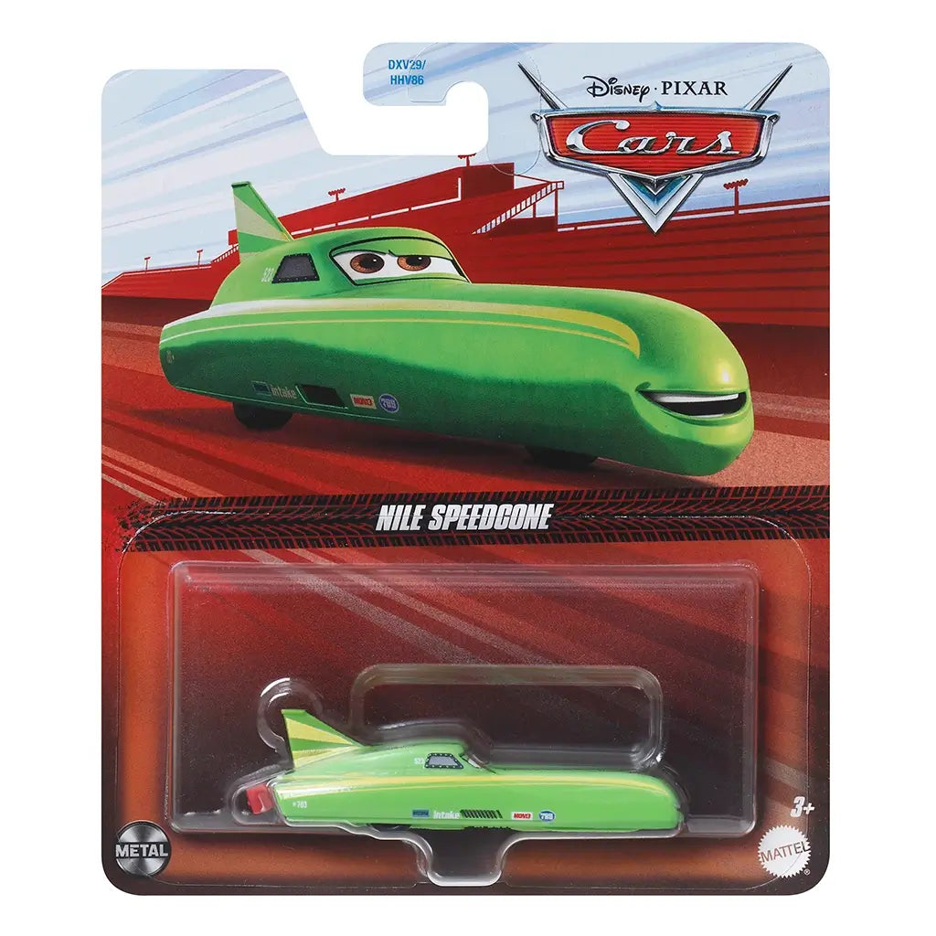 Disney Pixar Cars Nile Speedcone diecast toy car in bright green metal with yellow details, packaged in a red racetrack-themed Mattel blister card display.