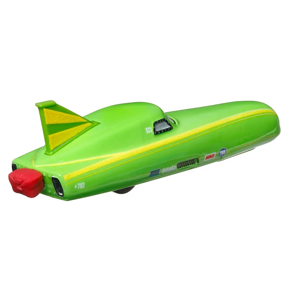 Green Disney Pixar Cars Nile Speedcone diecast car with smooth aerodynamic body, yellow fin detail, and red rear accent, shown from rear angled perspective.