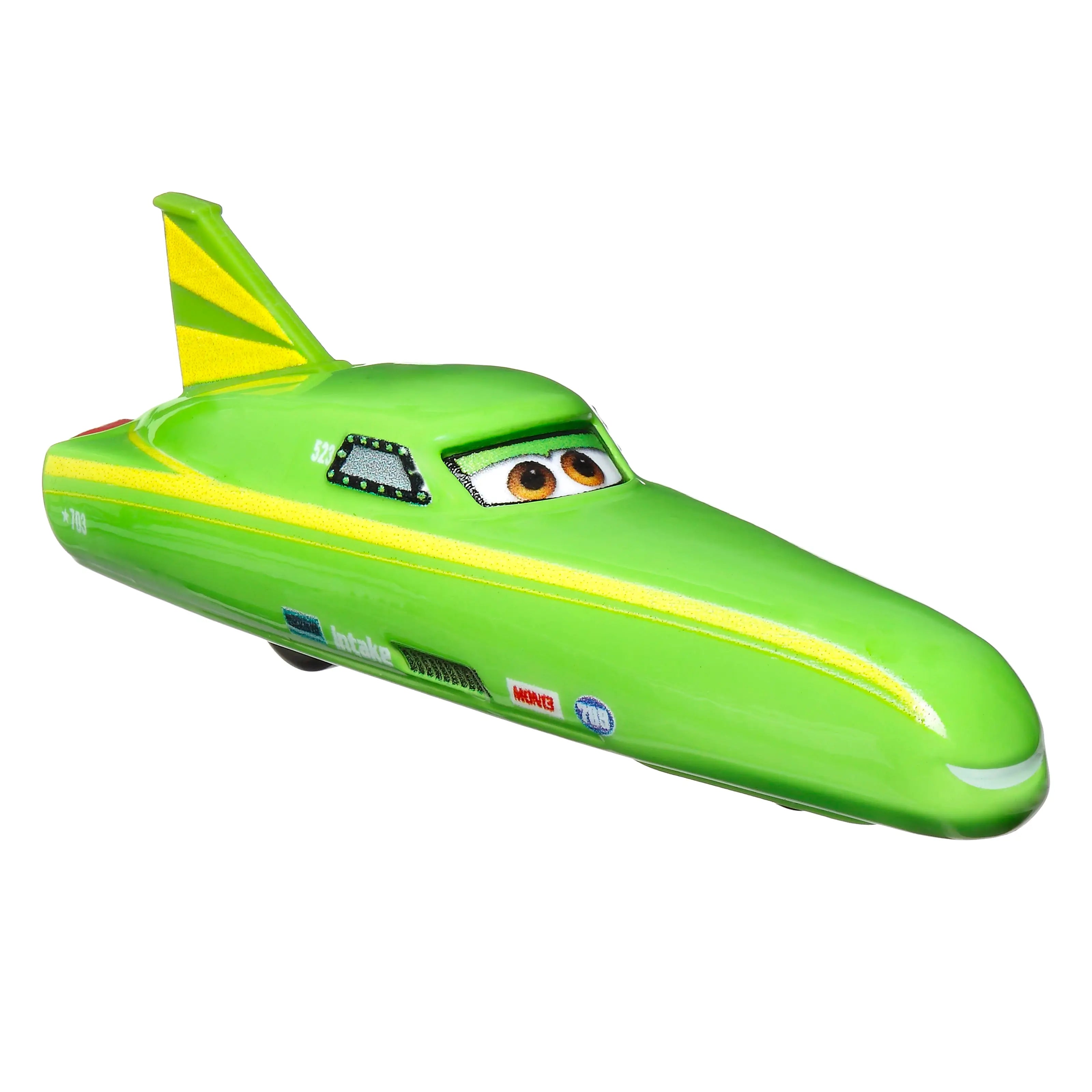 Front angled view of Disney Pixar Cars Nile Speedcone diecast toy in sleek green metal finish with bright yellow detailing and cartoon eyes on windshield.