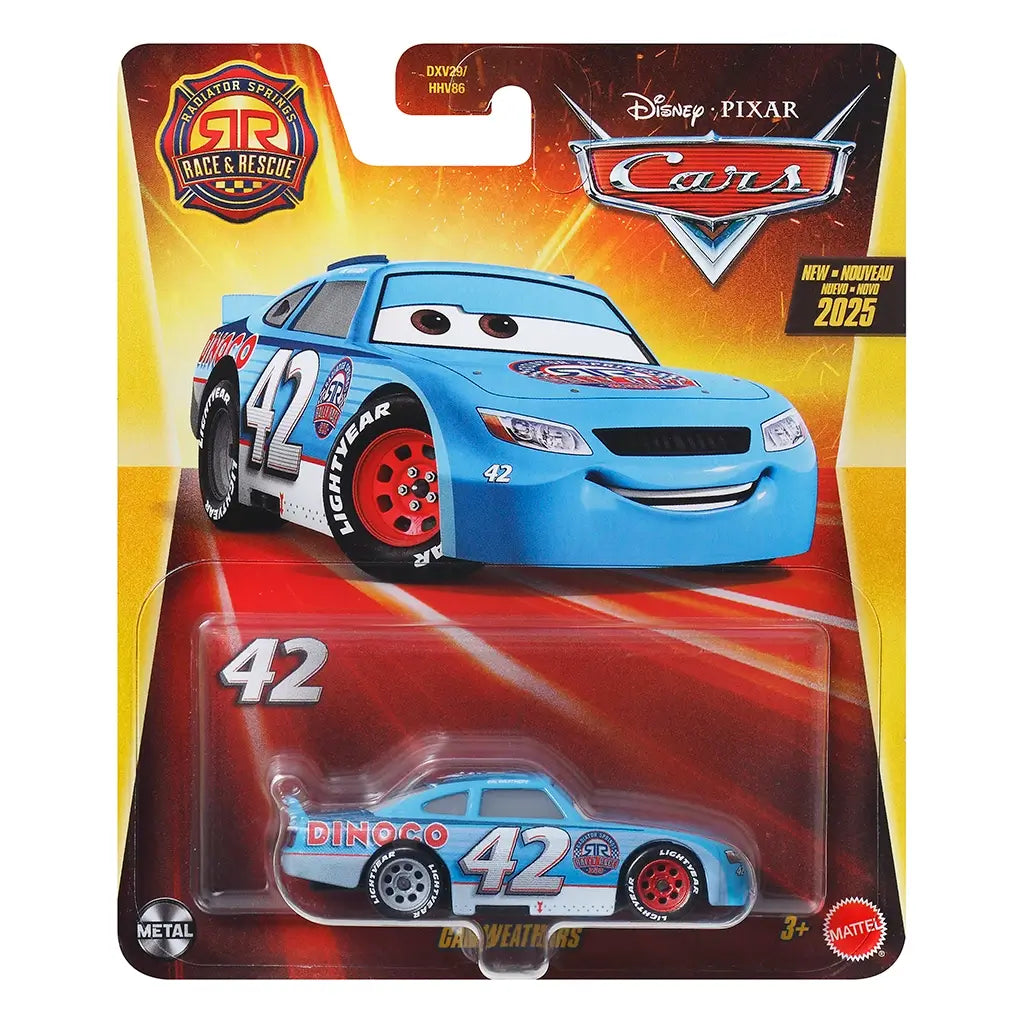 Cal Weathers diecast vehicle in light blue metal with detailed racing graphics, compact stock car shape, packaged in Disney Pixar Cars Radiator Springs Race & Rescue blister card with bright retail display artwork.
