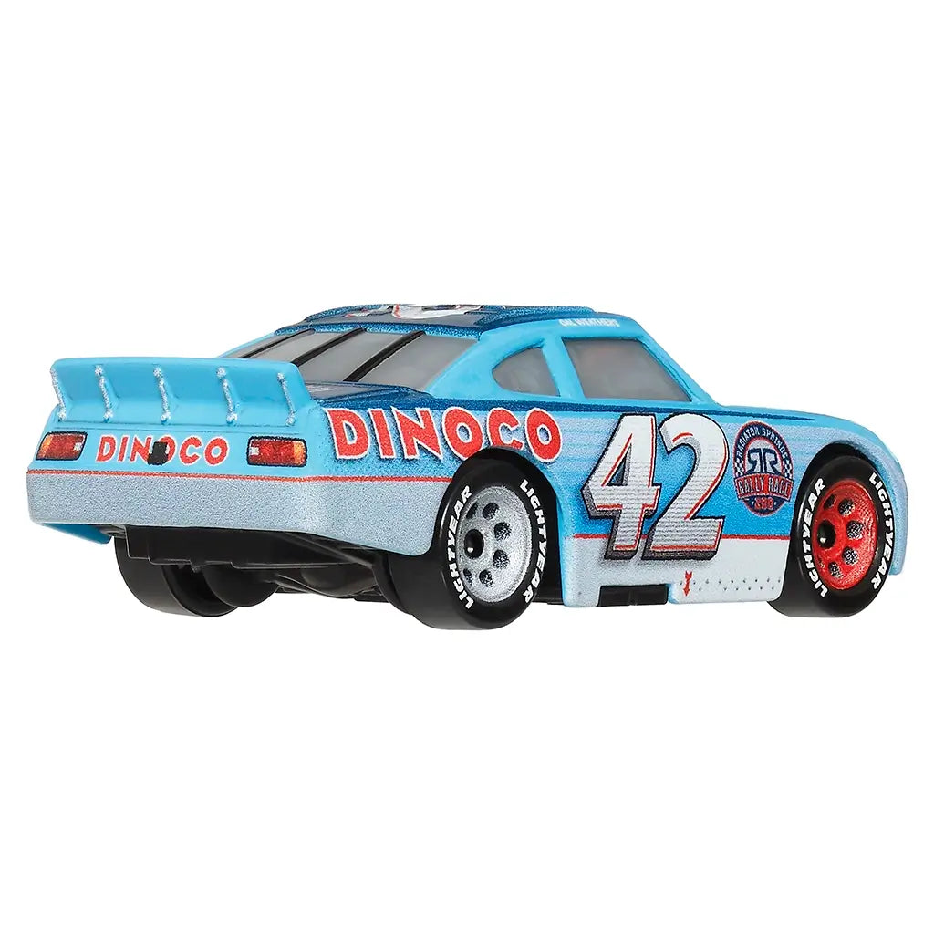 Radiator Springs Race & Rescue Cal Weathers diecast in light blue metal with subtle texture, rear spoiler and racing body lines, Dinoco logos, number 42 markings, and Lightyear tires in a rear angled view.