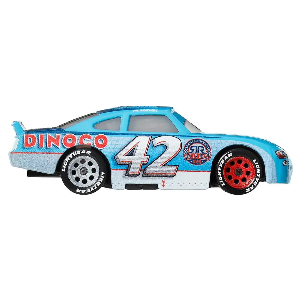 Disney Pixar Cars Cal Weathers rescue edition diecast in light blue metal with fine grain texture, low-profile race car shape, large Dinoco 42 side graphics, detailed wheels, and clean side profile presentation.