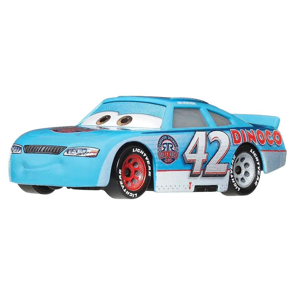 Cal Weathers diecast race car in light blue metal with fine textured finish, aerodynamic stock car body, Dinoco 42 graphics, red and silver wheels, expressive windshield eyes, shown on a clean white studio backgro