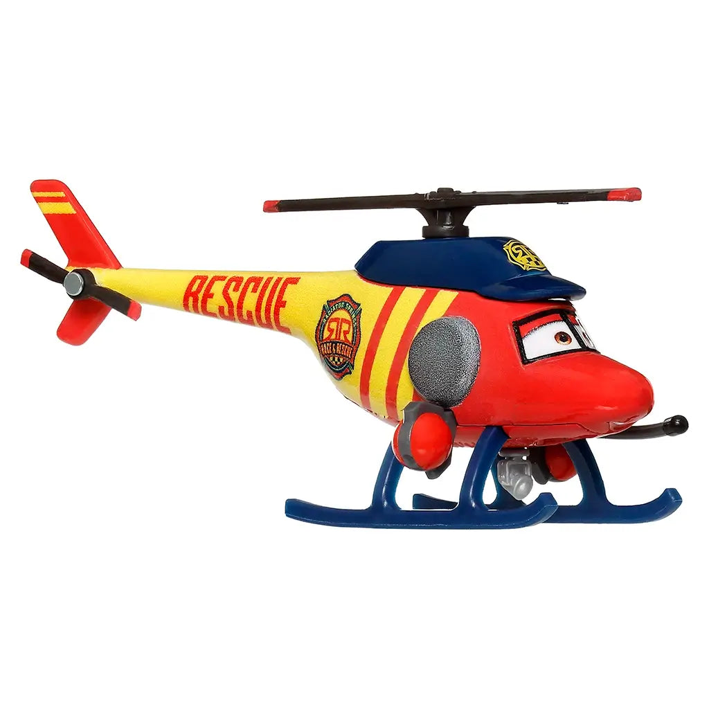 Disney Pixar Cars Kathy Copter toy in red and yellow metal with matte texture, compact helicopter form, bold Rescue striping, top rotor, side details, character eyes, and curved skids shown at an angled view.