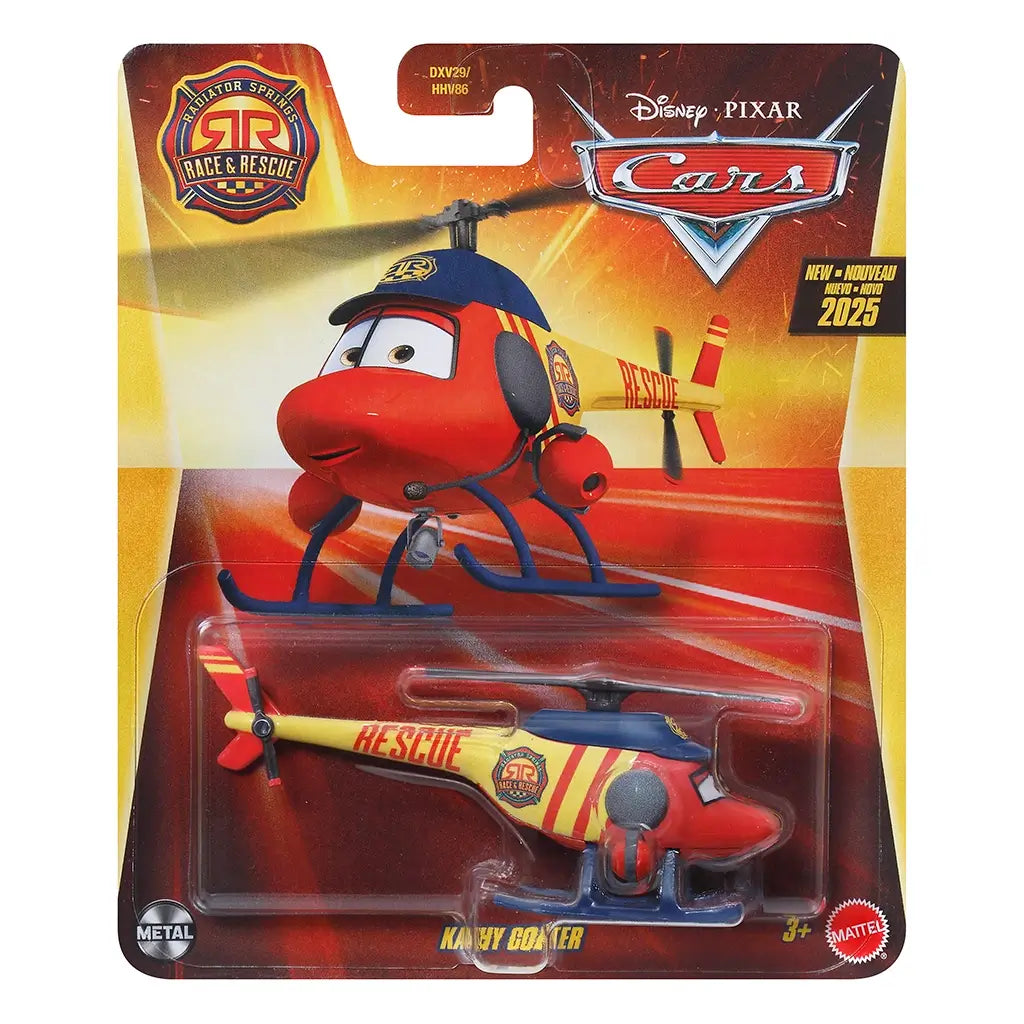 Kathy Copter diecast vehicle in red and yellow metal with rescue markings, stylized helicopter shape, packaged in Disney Pixar Cars Radiator Springs Race & Rescue blister card with bright retail display artwork.