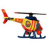 Radiator Springs Race & Rescue Kathy Copter diecast in red and yellow metal with subtle texture, rear tail rotor and rescue logos, rounded aircraft body, and blue skids shown from a rear angled studio view.