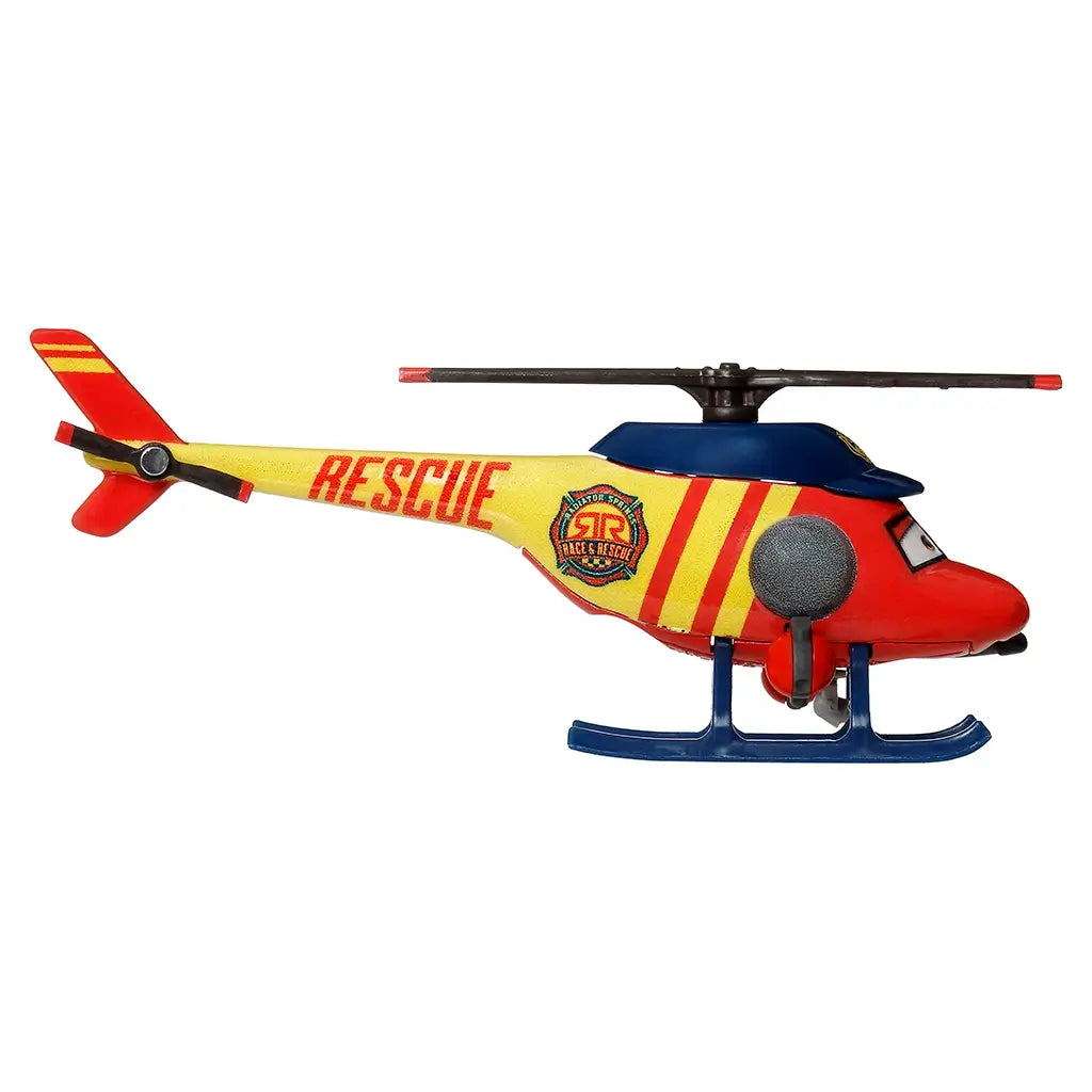 Disney Pixar Cars Kathy Copter rescue edition diecast in red and yellow metal with fine grain texture, streamlined helicopter profile, bold Rescue lettering, spinning rotor, and clean side view presentation.