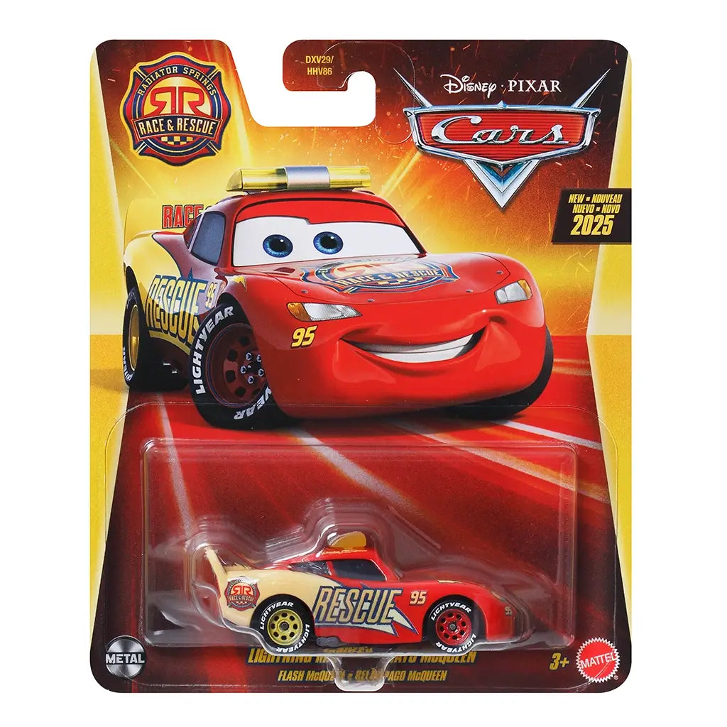 Lightning McQueen diecast vehicle in glossy red metal with tan rescue accents, compact race car shape, packaged in Disney Pixar Cars blister card showing Rescue theme branding against a colorful retail display backing.