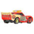 Rescue Lightning McQueen diecast car in red and cream metal with molded spoiler, rounded stock car body, Rescue 95 logos, rear racing details, and Lightyear tires photographed from a rear angled studio view.