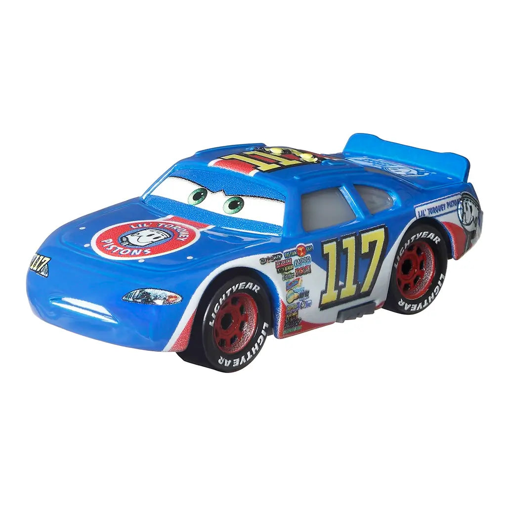 Disney Pixar Cars Ralph Carlow diecast vehicle shown at an angle with blue metal finish, smooth rounded race-car form, expressive windshield eyes, number 117 decals, and white product photography backdrop.