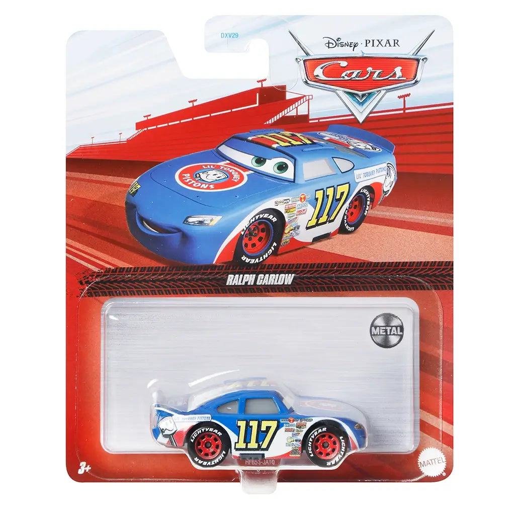 Disney Pixar Cars Ralph Carlow 1:64 diecast vehicle package front displaying blue race car, clear blister packaging, bold Cars branding, metal icon, age marking, and illustrated racetrack background.