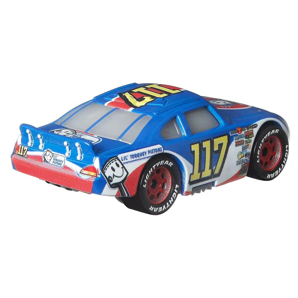 Disney Pixar Cars Ralph Carlow diecast rear angled view featuring blue metal body, rear spoiler, number 117 graphics, red wheels, detailed racing decals, and white studio background.