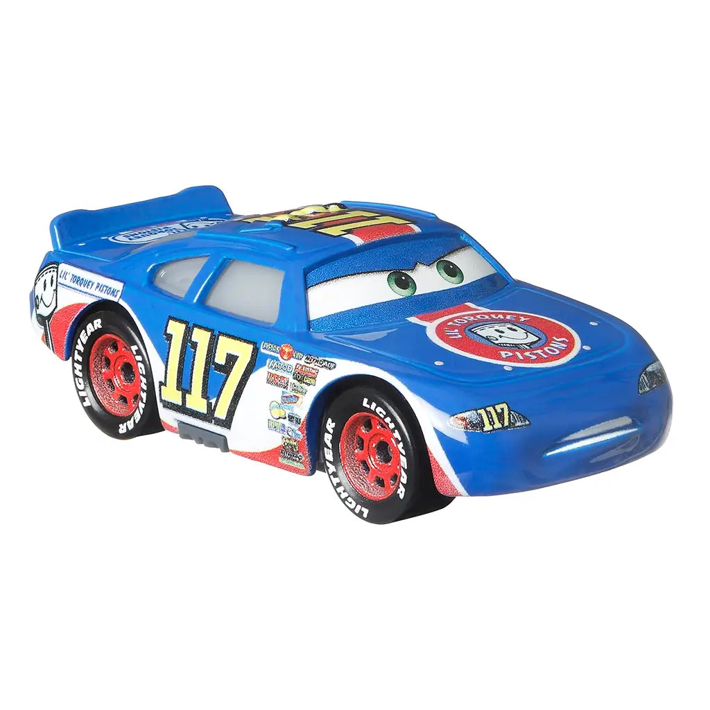 Disney Pixar Cars Ralph Carlow 1:64 scale diecast race car in bright blue metal with glossy texture, rounded stock-car body, number 117 graphics, red racing wheels, and clean white studio background.