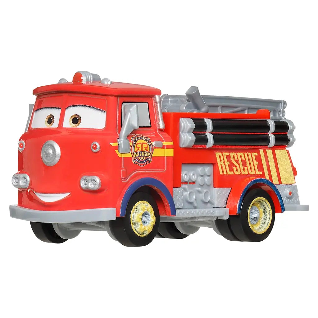Disney Pixar Cars Rescue Red fire truck shown at an angled view, finished in bright red metal with glossy texture, rounded cab shape, silver ladders and hoses, yellow wheels, and smiling character expression on a clean white backdrop.