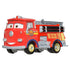 Disney Pixar Cars Rescue Red fire truck shown at an angled view, finished in bright red metal with glossy texture, rounded cab shape, silver ladders and hoses, yellow wheels, and smiling character expression on a clean white backdrop.
