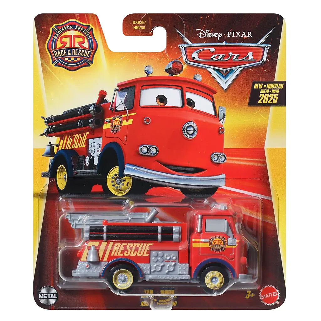 Disney Pixar Cars Rescue Red retail package front with red and yellow card art, clear plastic blister, and race themed background, displaying the bright red diecast fire truck character from the Cars universe, branded by Disney Pixar and Mattel.