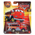Disney Pixar Cars Rescue Red retail package front with red and yellow card art, clear plastic blister, and race themed background, displaying the bright red diecast fire truck character from the Cars universe, branded by Disney Pixar and Mattel.