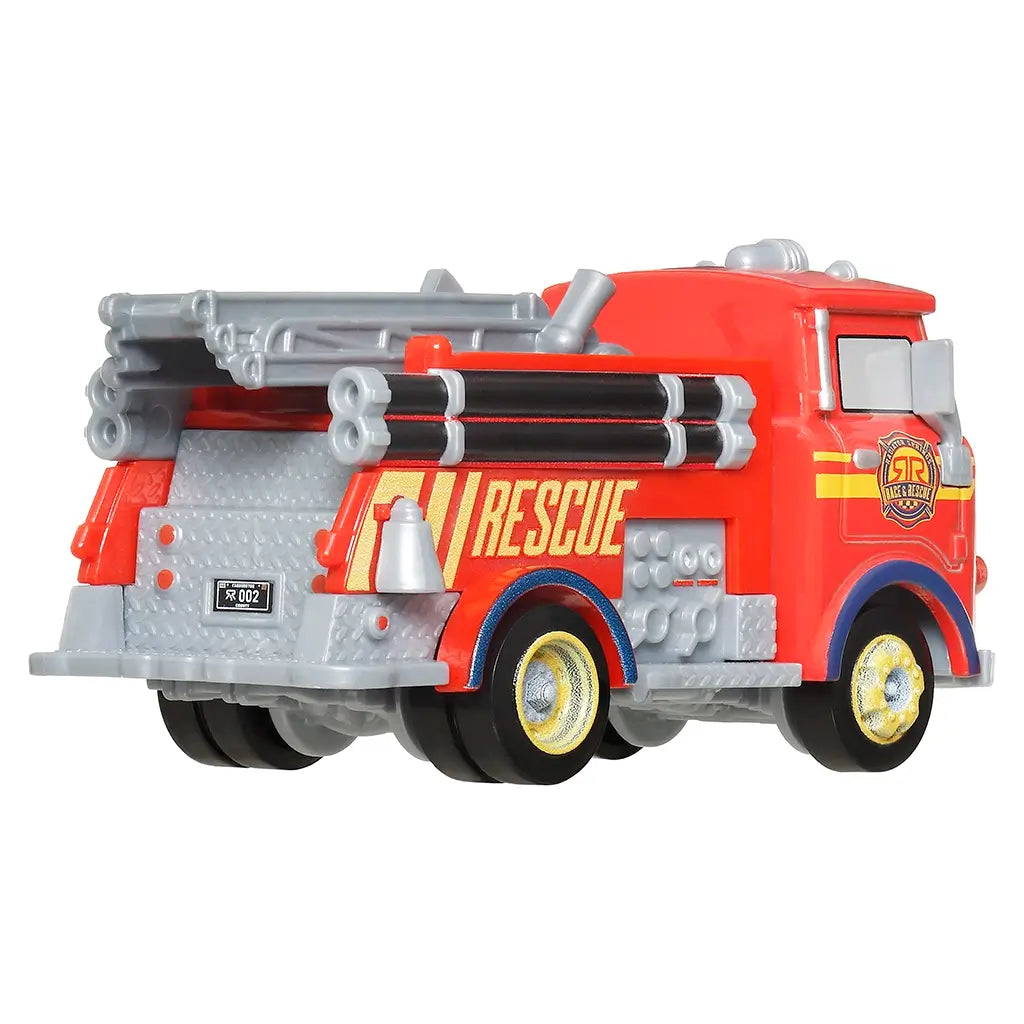 Disney Pixar Cars Rescue Red fire truck diecast shown from a rear angled view, featuring bright red metal body, textured silver equipment panels, ladder storage, yellow wheels, and compact rescue truck form on a white background.