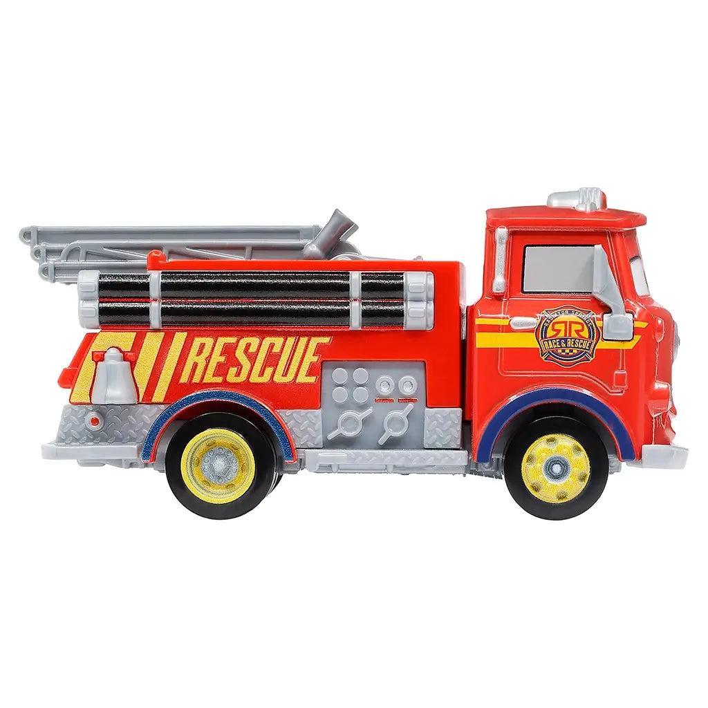 Disney Pixar Cars Rescue Red fire truck diecast side view in bright red metal with smooth finish, rectangular rescue truck profile, silver molded tools and hoses, yellow wheels, and bold RESCUE lettering, photographed on a white studio background.