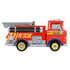 Disney Pixar Cars Rescue Red fire truck diecast side view in bright red metal with smooth finish, rectangular rescue truck profile, silver molded tools and hoses, yellow wheels, and bold RESCUE lettering, photographed on a white studio background.