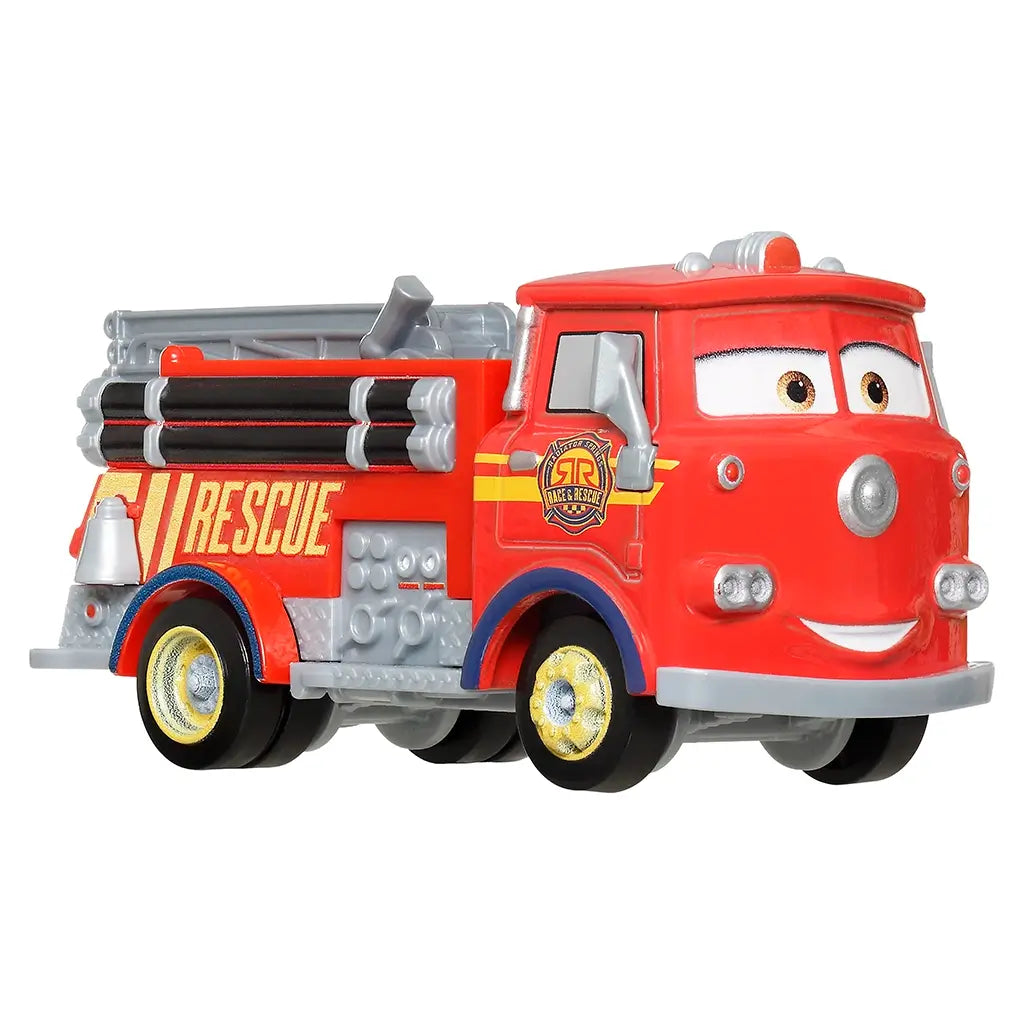 Disney Pixar Cars Rescue Red fire truck diecast in bright red metal with smooth glossy texture, boxy ladder truck shape, silver equipment details, yellow wheels, and friendly character face, representing Radiator Springs Rescue on a white studio background.