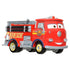Disney Pixar Cars Rescue Red fire truck diecast in bright red metal with smooth glossy texture, boxy ladder truck shape, silver equipment details, yellow wheels, and friendly character face, representing Radiator Springs Rescue on a white studio background.