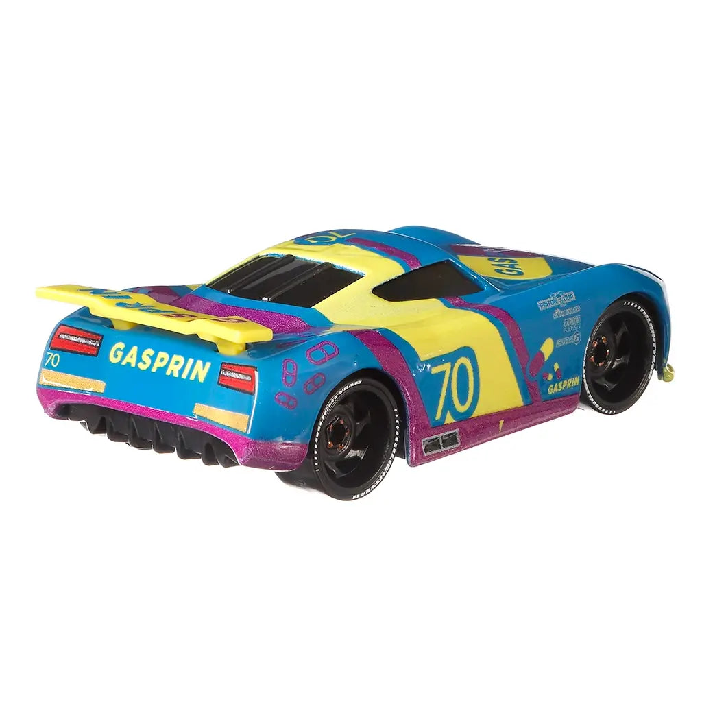 Disney Pixar Cars Richie Gunzit diecast shown from a rear angled view, highlighting the bright blue metal body, yellow rear spoiler, Gasprin branding, sculpted diffuser, black wheels, and streamlined next-generation race car form on white.