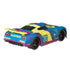 Disney Pixar Cars Richie Gunzit diecast shown from a rear angled view, highlighting the bright blue metal body, yellow rear spoiler, Gasprin branding, sculpted diffuser, black wheels, and streamlined next-generation race car form on white.