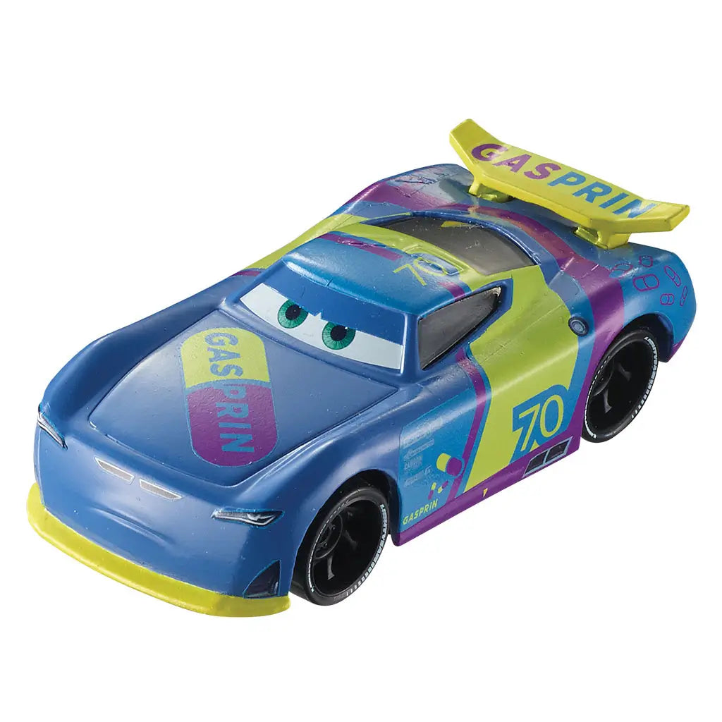 Disney Pixar Cars Richie Gunzit diecast shown from a top angled view, emphasizing the bright blue glossy finish, yellow and purple Gasprin graphics, roof number 70, aerodynamic contours, and compact next-gen racing profile on a white background.