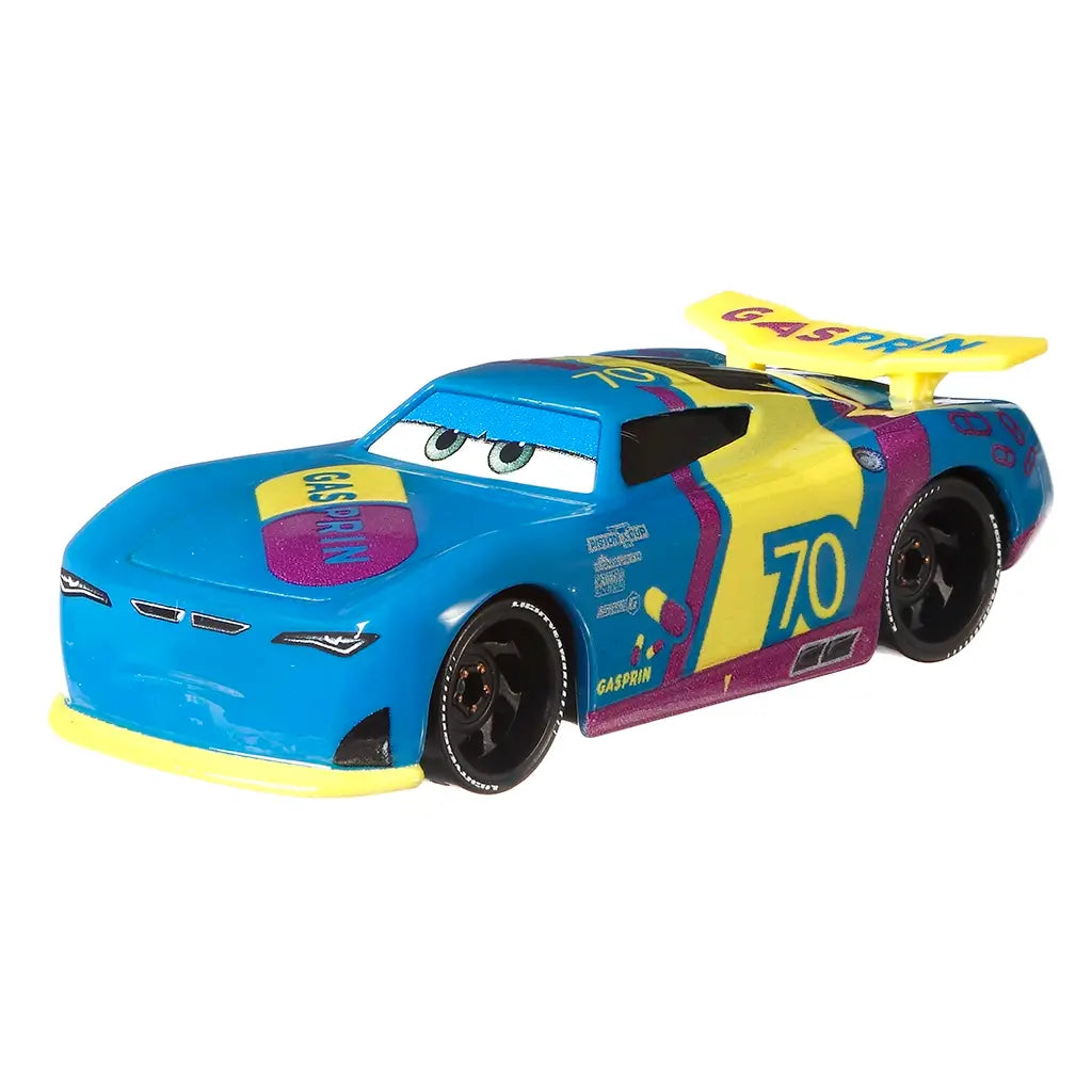 Disney Pixar Cars Richie Gunzit diecast race car in bright blue metal with smooth glossy texture, sleek next-gen stock car shape, yellow and purple Gasprin graphics, black racing wheels, and focused eyes, photographed on a clean white studio background.