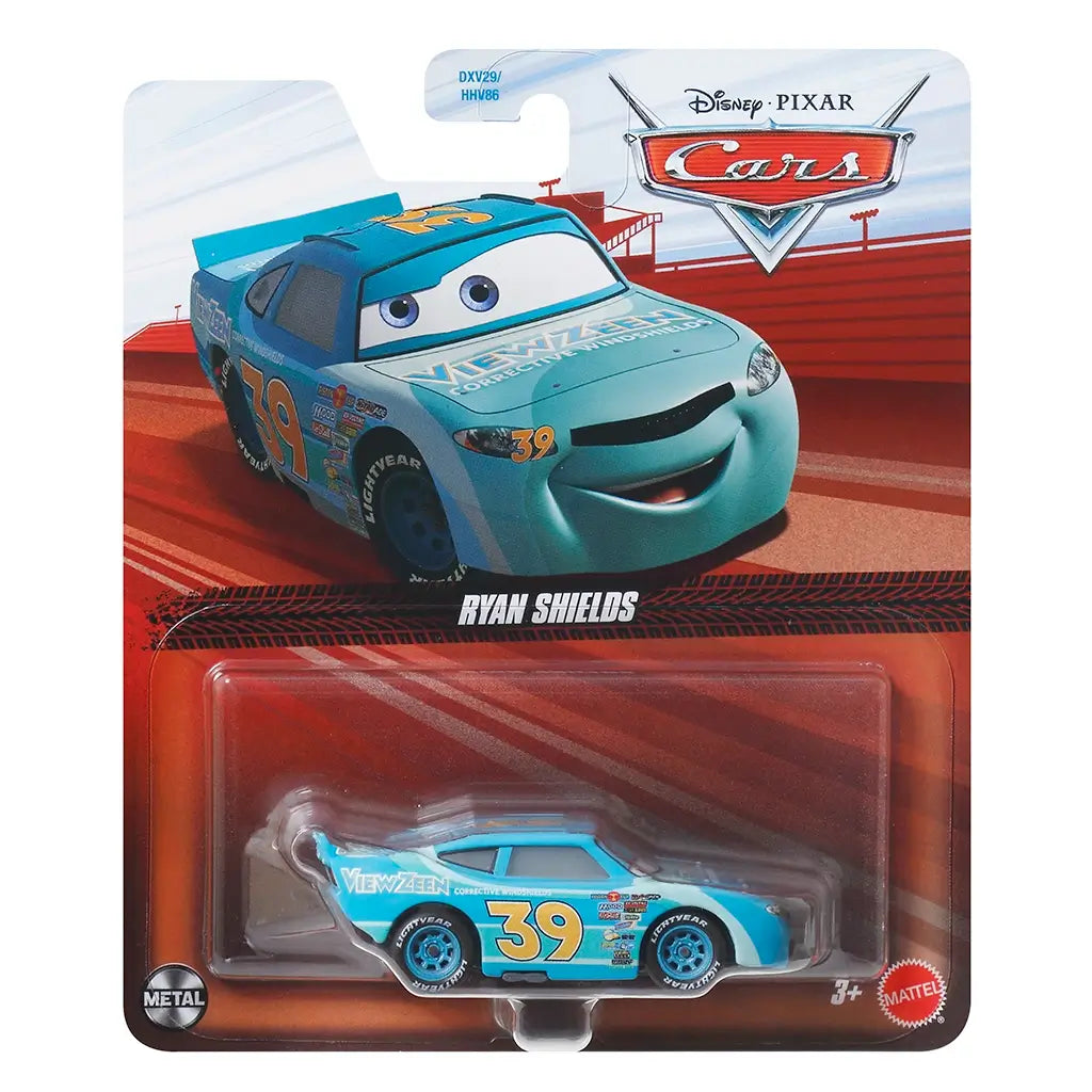 Ryan Shields diecast vehicle in aqua blue metal with detailed racing graphics, compact stock car shape, packaged in Disney Pixar Cars blister card featuring character artwork and bold retail display backing.