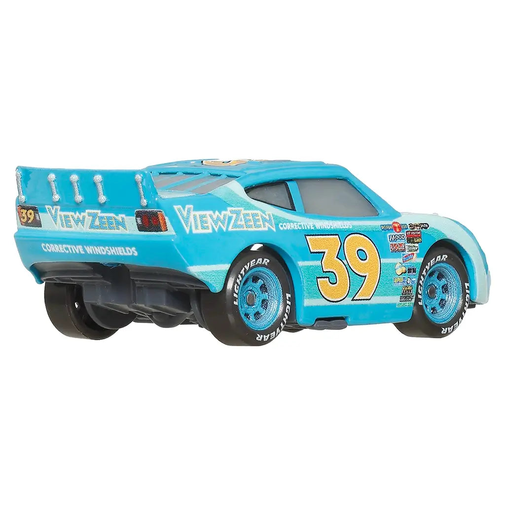 Ryan Shields Cars diecast in bright blue metal with subtle textured finish, rear spoiler and racing body lines, View Zeen logos, number 39 graphics, Lightyear tires, shown from a rear angled studio perspective.