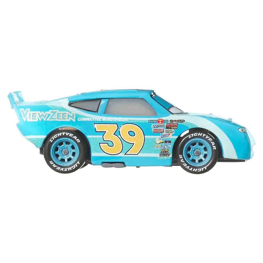 Disney Pixar Cars Ryan Shields diecast in aqua blue metal with smooth texture, low-profile race car shape, large View Zeen 39 side graphics, detailed blue wheels, and clean side profile presentation.