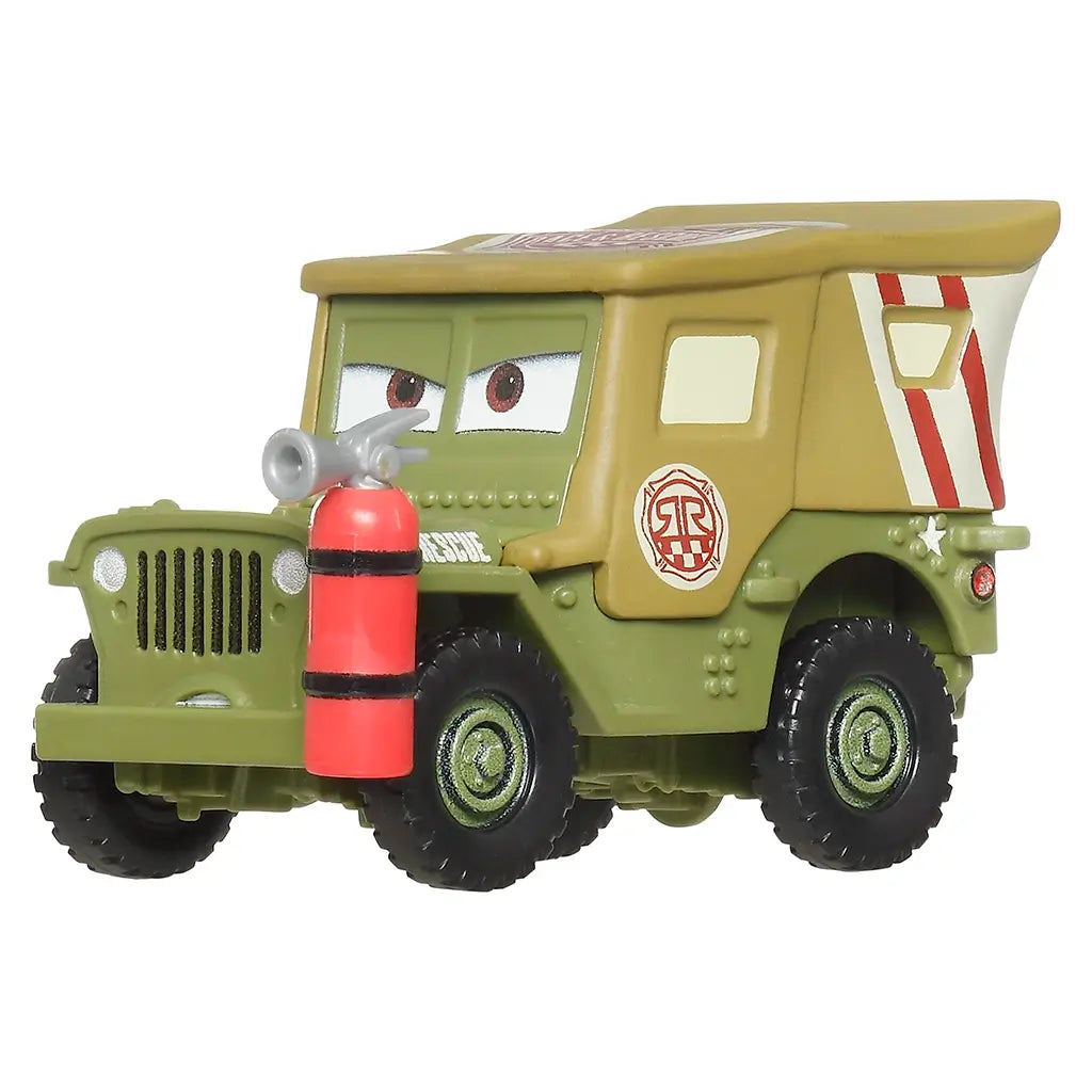 Disney Pixar Cars Sarge diecast jeep shown at an angle with olive green metal body, tan canvas-style roof, rescue logos, expressive eyes, rugged wheel design, and white studio backdrop.