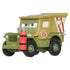 Disney Pixar Cars Sarge diecast jeep shown at an angle with olive green metal body, tan canvas-style roof, rescue logos, expressive eyes, rugged wheel design, and white studio backdrop.