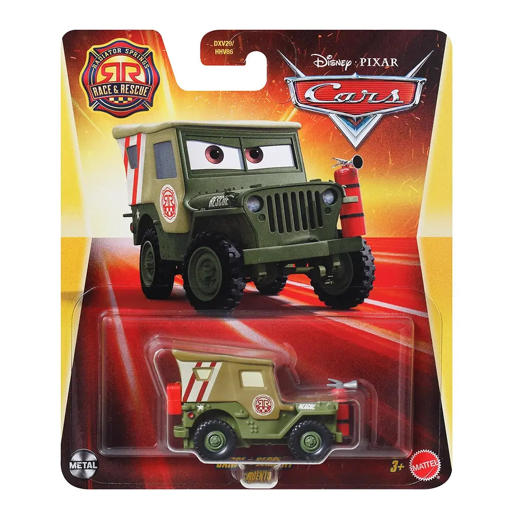 Disney Pixar Cars Sarge 1:64 scale diecast vehicle package front showing olive green rescue jeep, clear blister packaging, bold Cars branding, age marking, and illustrated action background.