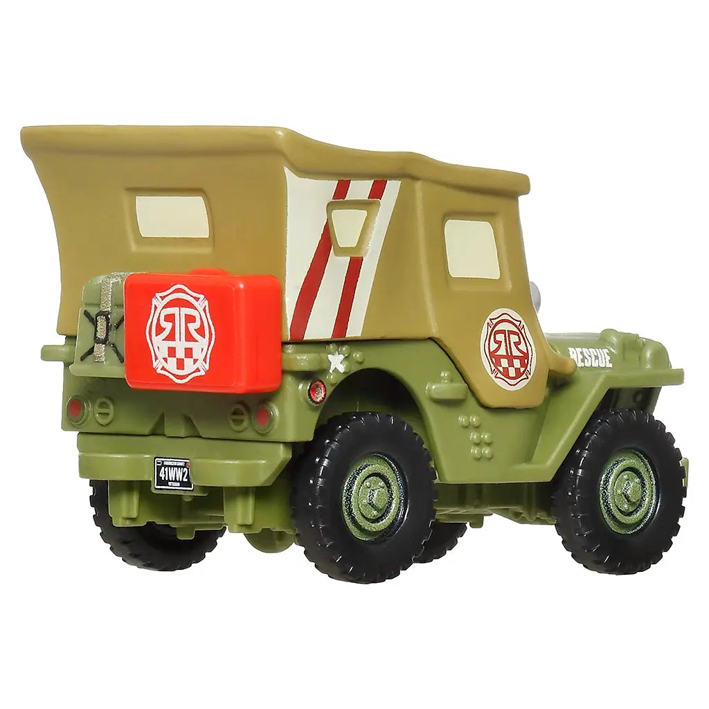 Disney Pixar Cars Sarge diecast rear angled view featuring olive green metal body, tan roof panel, rescue insignia, molded rear gear details, rugged tires, and white studio background.