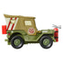 Disney Pixar Cars Sarge diecast side view showing olive green metal finish, boxy jeep profile, rescue text, tan roof section, textured wheels, and clean white product backdrop.