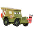 Disney Pixar Cars Sarge 1:64 scale diecast vehicle in olive green metal with matte texture, boxy military jeep shape, rescue markings, molded tires, and clean white product photography background.