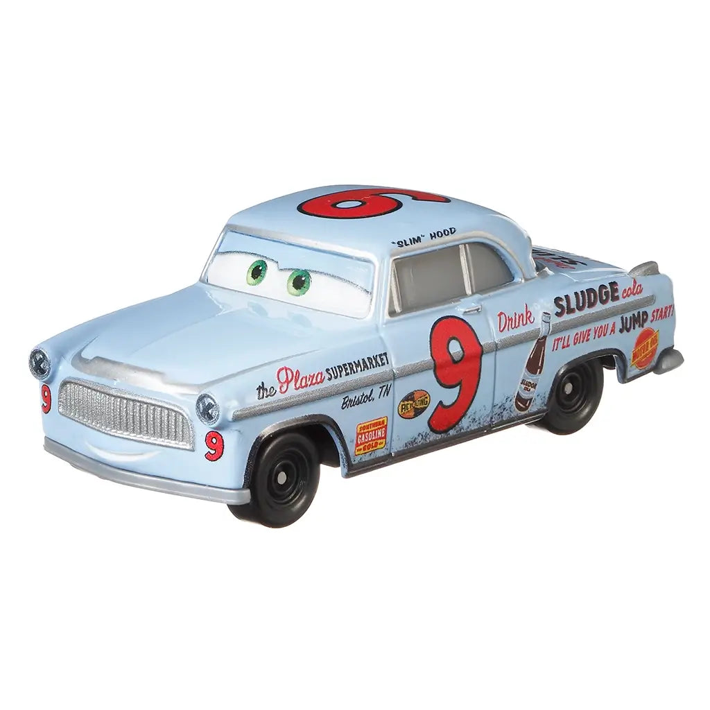 Disney Pixar Cars Slim Hood 1:55 diecast toy car in pale blue with black wheels, red number 9, grill details, and cola sponsor decals, displayed at a front side angled view.