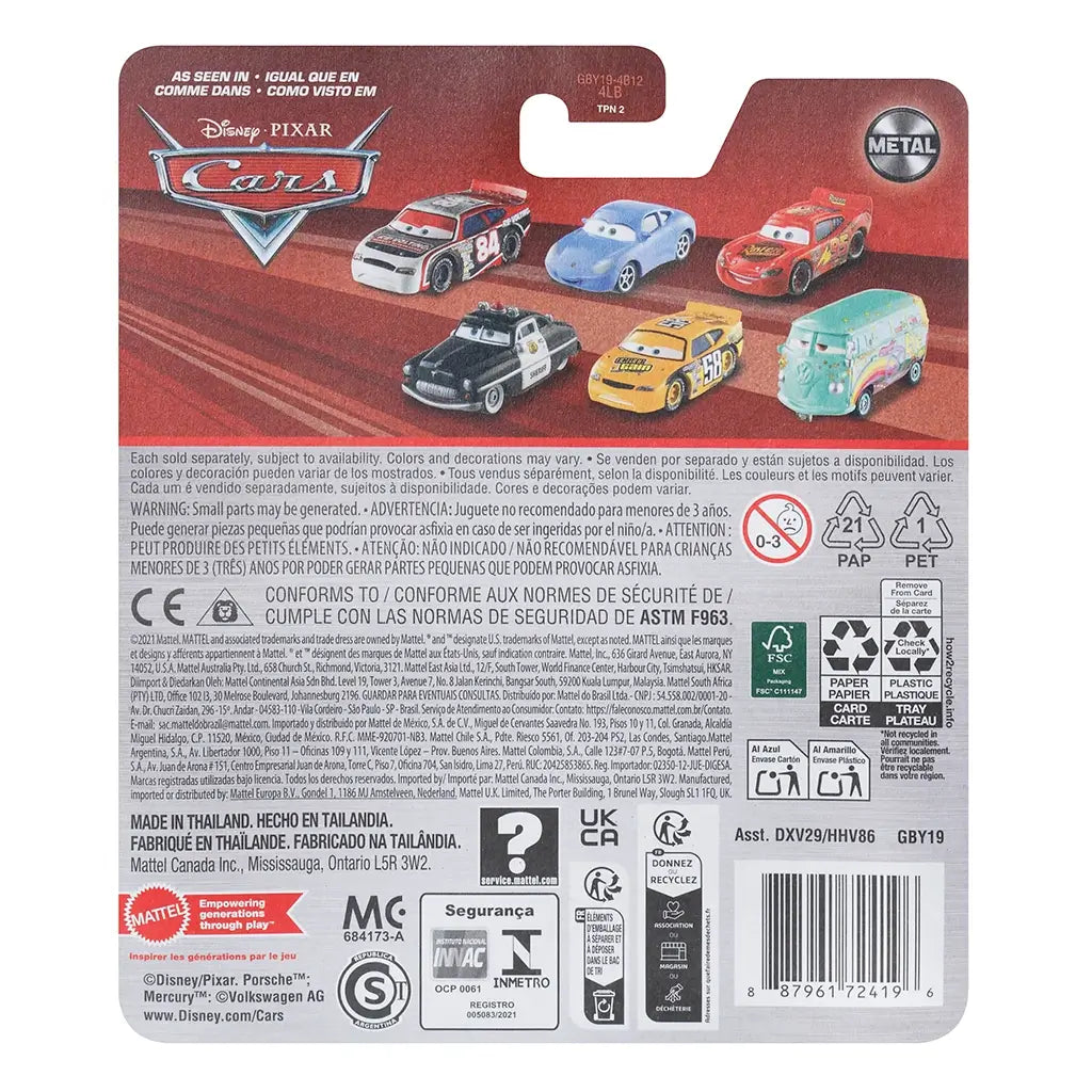 Back of Disney Pixar Cars Slim Hood packaging featuring Cars logo, multiple character diecast images, product warnings, safety details, recycling icons, and brand information.