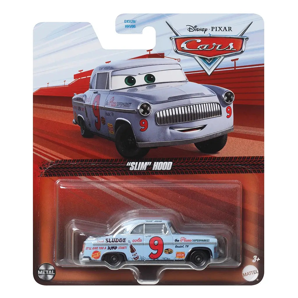 Front packaging of Disney Pixar Cars Slim Hood diecast with character art on red racetrack backdrop, blister pack holding pale blue car toy with number 9 and sponsor logos.
