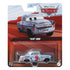 Front packaging of Disney Pixar Cars Slim Hood diecast with character art on red racetrack backdrop, blister pack holding pale blue car toy with number 9 and sponsor logos.
