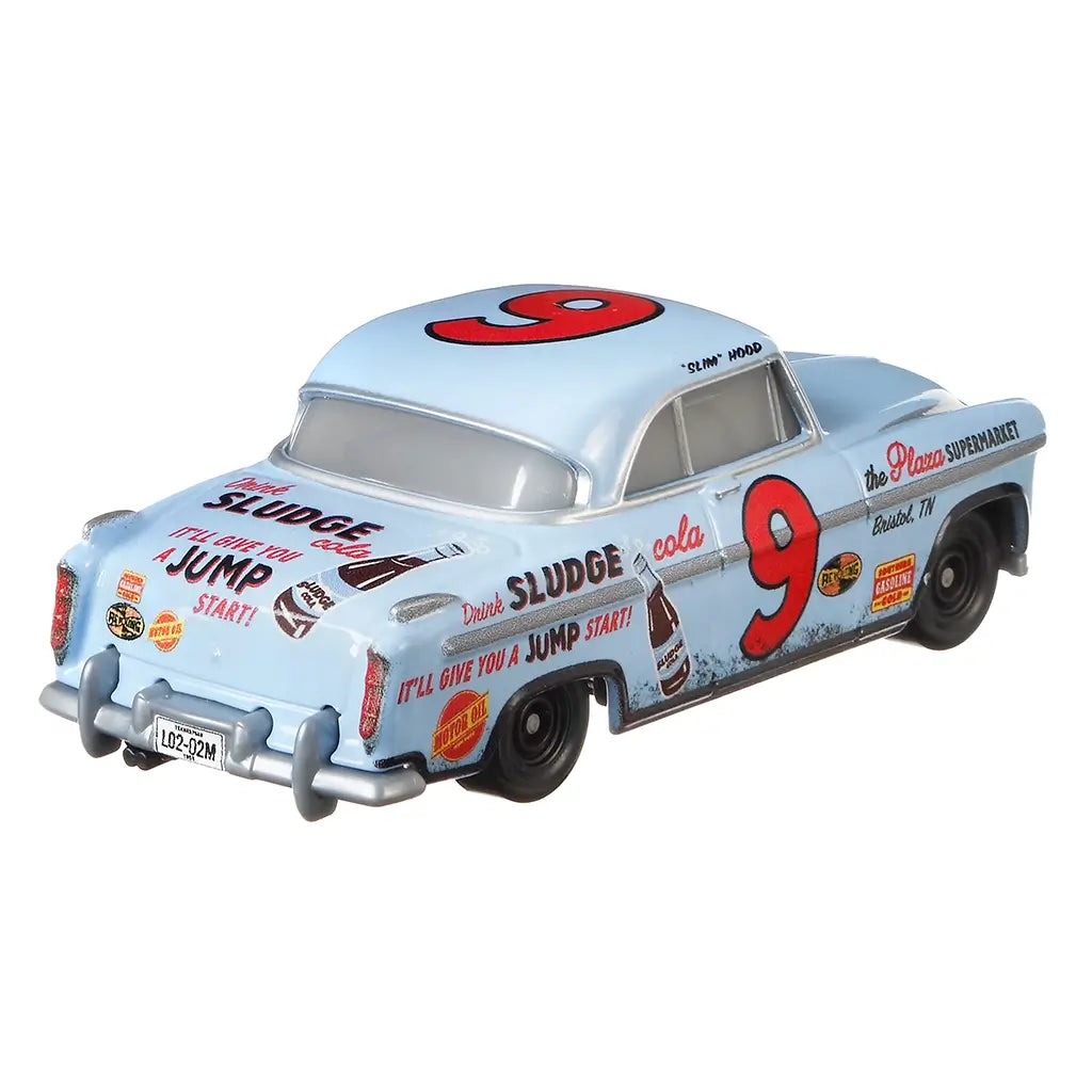 Disney Pixar Cars Slim Hood diecast vehicle in pale blue with black tires, red number 9, and cola sponsor graphics, shown from a rear angled view displaying trunk and bumper.