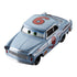Disney Pixar Cars Slim Hood diecast car in metallic light blue finish with green eyes, bold red number 9, and sponsor logos, shown at a top angled view on white background.