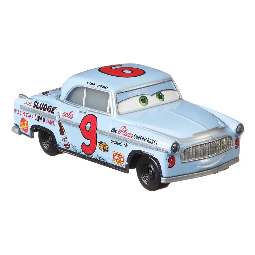 Disney Pixar Cars Slim Hood toy car in metallic pale blue with green eyes, chrome grill, red number 9 decals, sponsor branding, and black wheels, shown from front angled view.